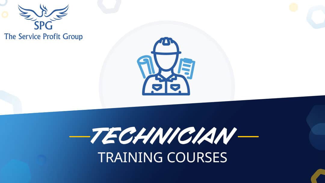 Graphic card for The Service Profit Group's Technician Training Course, showing icon of a worker in a hard had with plans rolled up and a clip board behind the figure